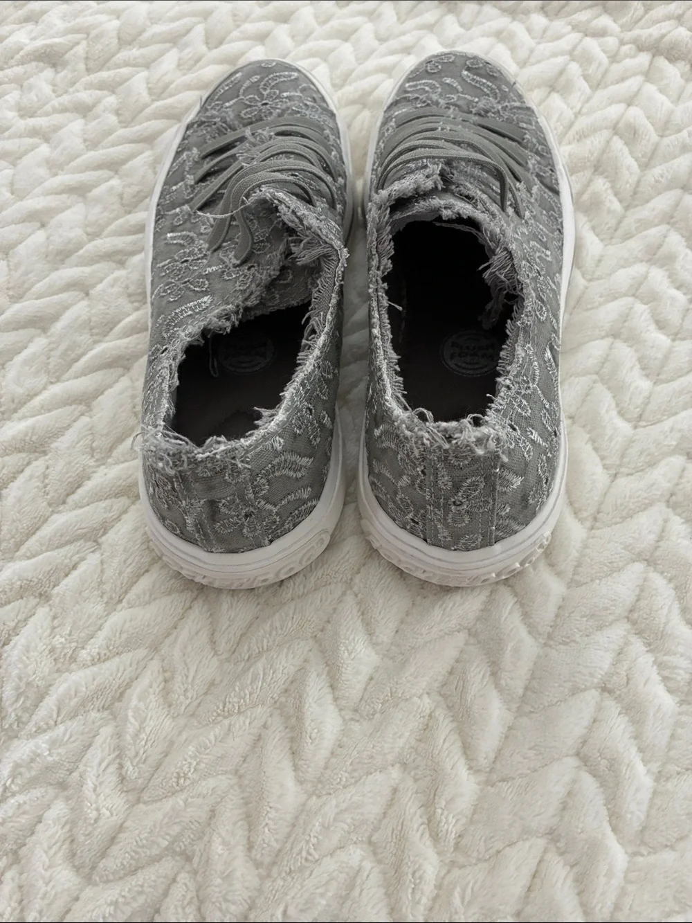 Lush Gray Frayed Slip-On Sneakers with Elastic Straps